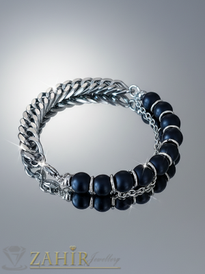  Двойна гривна от стомана, хит стегната плетка широка 1 см и черни камъни оникс 10 мм, налична в 3 размера, водоустойчива - GS1320